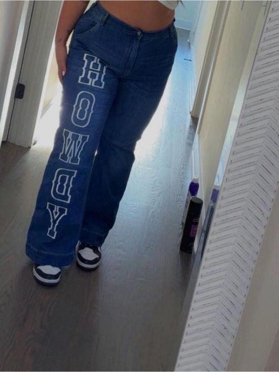 Fashion Nova Denim - Custom Embroidered Fashion Nova High-Rise Jeans in Dark Blue w/ White Lettering